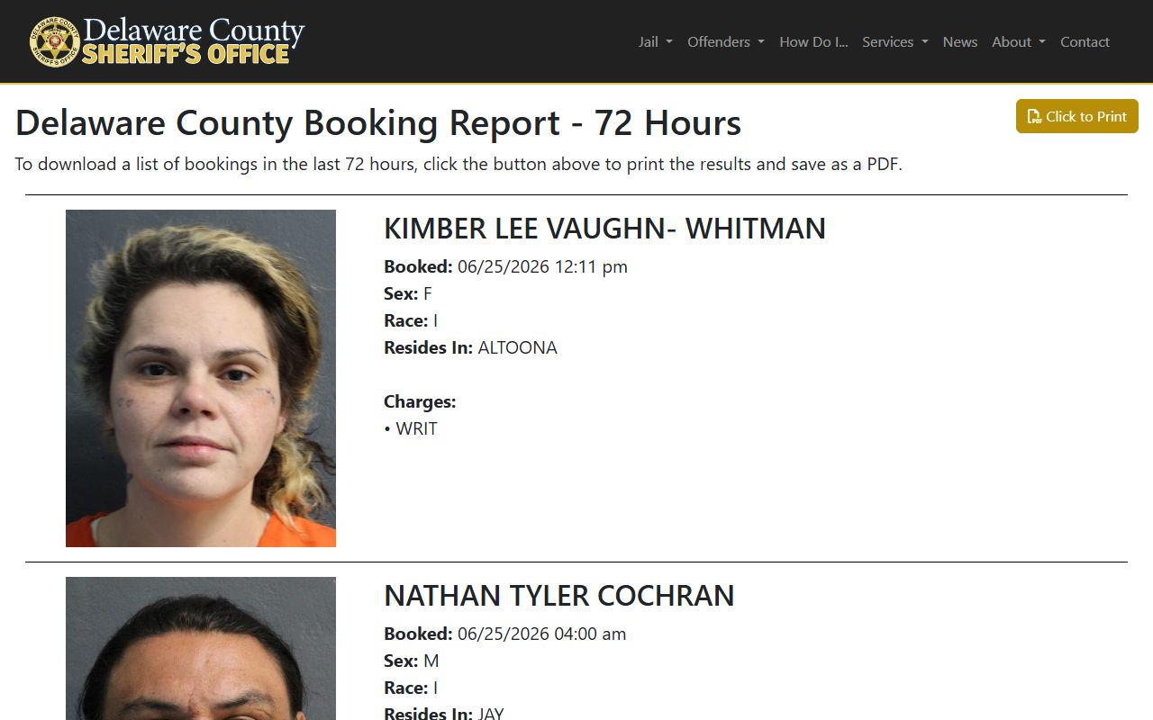 Delaware County 72-hour booking report with booking photos