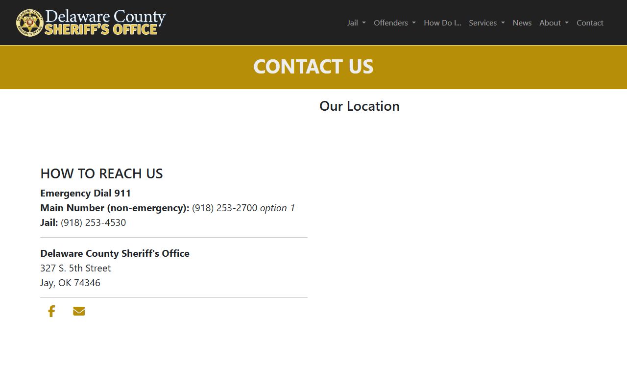 Delaware County Sheriff's Office contact page for jail phone numbers
